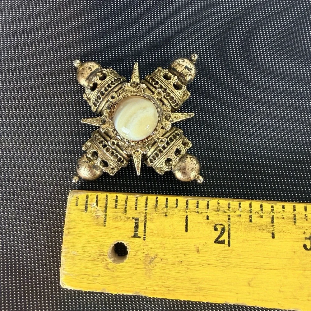 Gold Tone Cross Brooch Pin White Glass Stone Costume